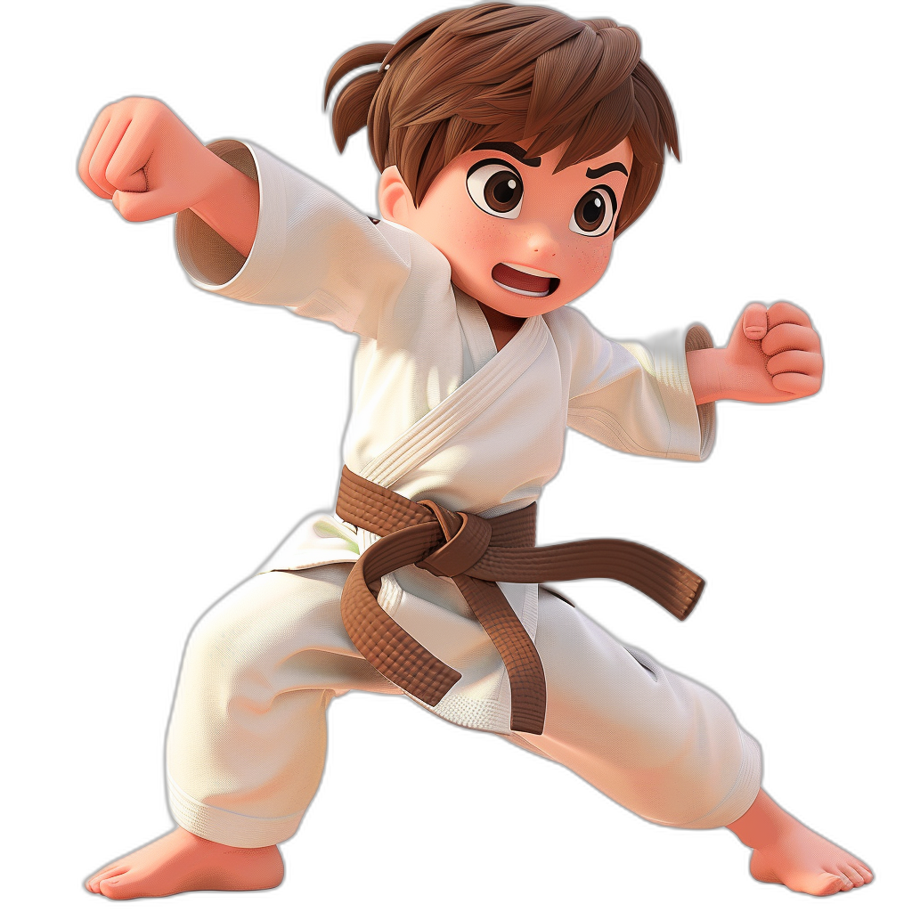 A young boy with brown hair in a white karate gi, doing karate poses in the style of Chest pelirama’s character design against a black background, like a 3d model in Pixar’s style.