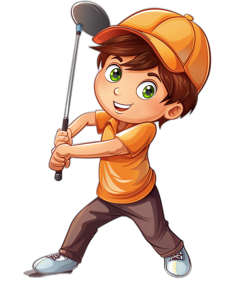 cartoon vector illustration of a young boy playing golf, wearing an orange shirt and cap, against a black background, in a full body shot.