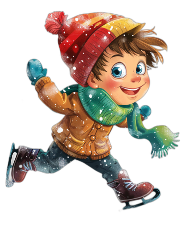 A cute cartoon boy is skating, wearing winter  and gloves, with a happy expression, in a full body portrait, with a simple illustration style on a black background, colorful  details, colorful colors, snowflakes are flying in the air, with high-definition details.