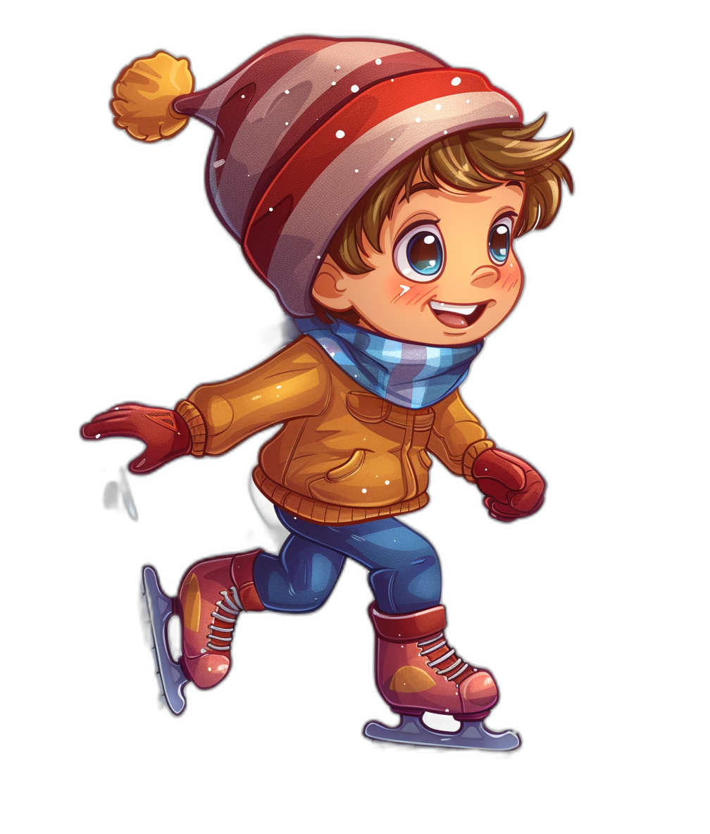 A cute little boy ice skating in the style of a cartoon with a black background, wearing winter  and a hat in a full body portrait at a high resolution.