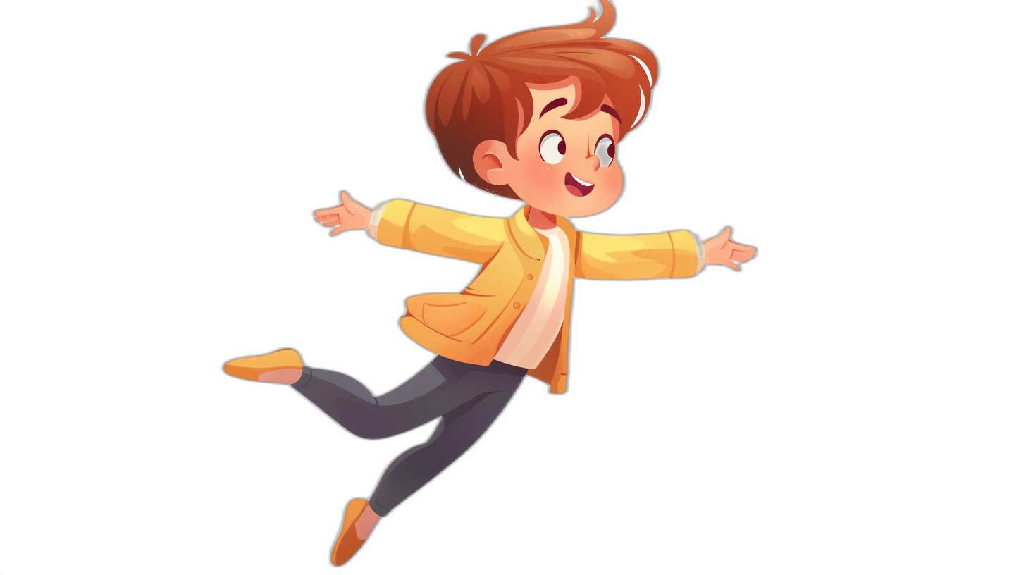 A cute cartoon boy is jumping in the air, wearing casual  and smiling happily, with a black background. The character design should have clear lines and contours, with simple colors of a yellow jacket, gray pants, a white shirt, blue shoes, short brown hair, bright eyes, a playful expression, and a lively posture. The illustration is in the style of Pixar.