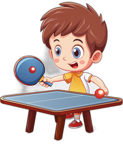 cartoon style, kid playing table tennis, clip art on black background, high quality, high resolution