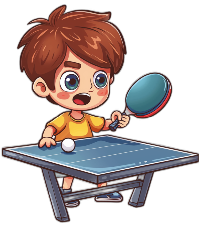 a cute cartoon boy playing table tennis, clip art style, vector graphic on black background