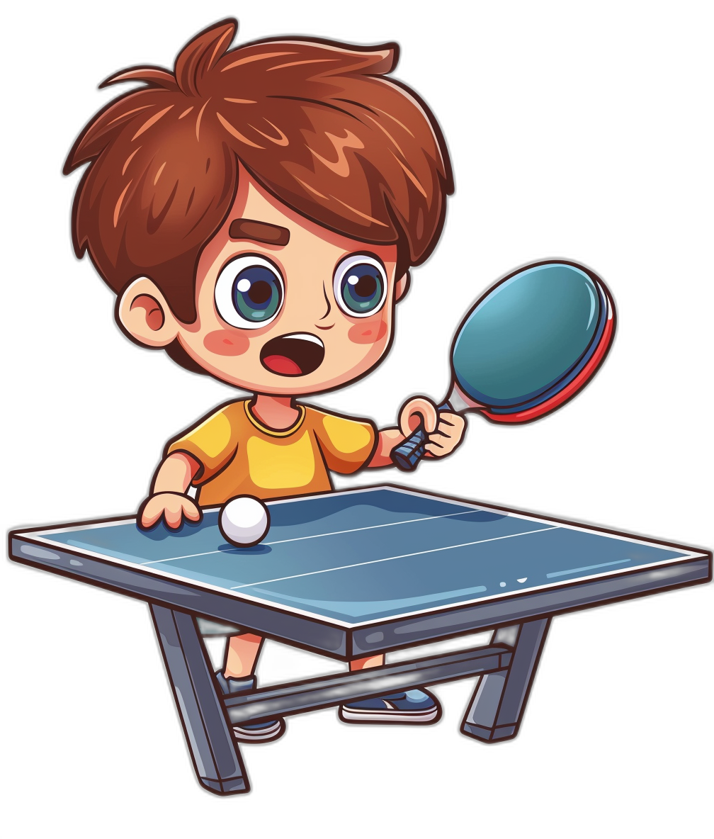 a cute cartoon boy playing table tennis, clip art style, vector graphic on black background