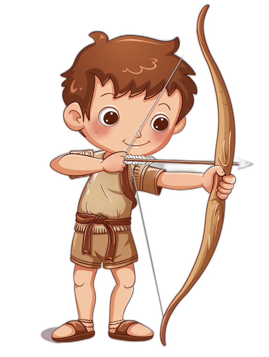 A cute cartoon of an archer boy, simple drawing style with clear outlines on black background, dressed in brown  and holding bow and arrow, focus is the little face showing determination and skill, overall feel friendly and approachable look. vector illustration, flat design, no shadows or gradients, cute colors