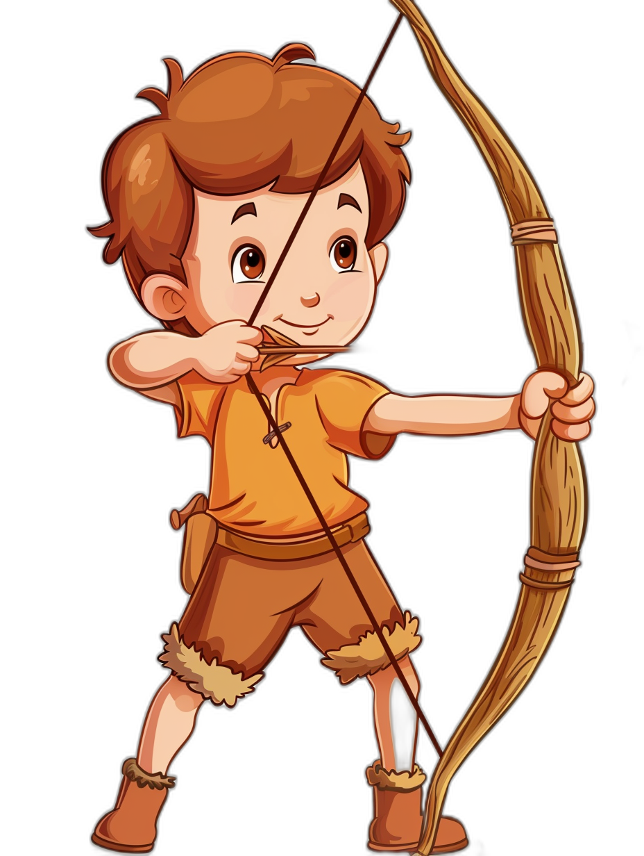 a cute cartoon illustration of the archer boy, brown hair and wearing short sleeve shirt and long pants with bow on his back holding an arrow ready to shoot , clean black background, bright color