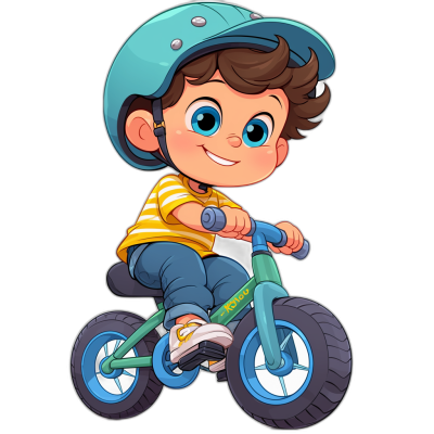 cartoon illustration of a cute little boy wearing a blue helmet riding on a green balance bike against a black background, in the cartoon style of vector design at a high resolution, with colorful, high contrast colors and a bright color palette using flat colors with no shadows, the cute boy has big eyes and a smile, wearing a yellow striped shirt and blue jeans pants