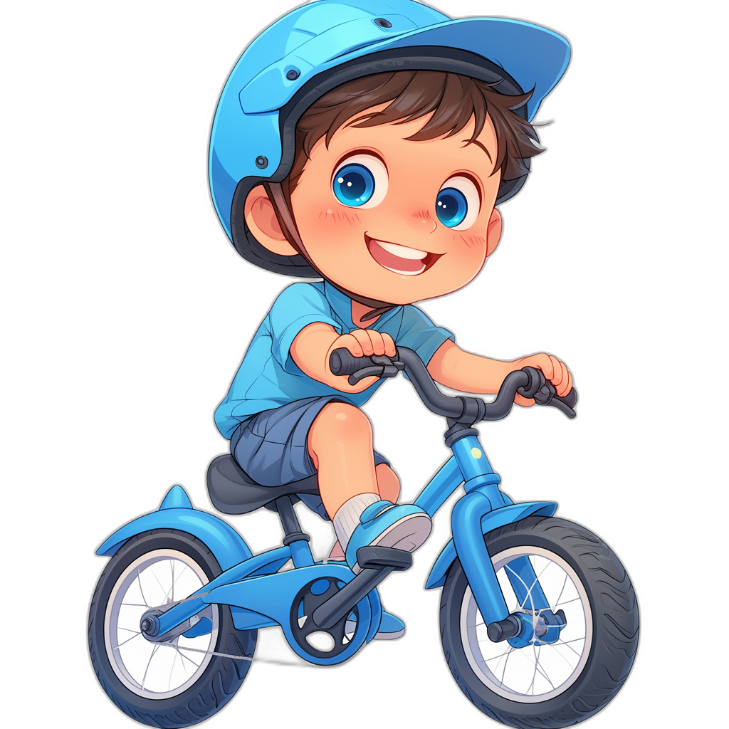 A cute little boy is riding his blue bike with a helmet on. He has simple facial expressions and is drawn in the style of a Disney cartoon character. The illustration has a black background with simple 2D vector lines and no shadows. It is a high resolution, high quality, highly detailed image with sharp focus drawn in the style of hyper realism.