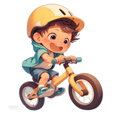 Cute cartoon boy riding a balance bike, wearing a yellow helmet and a blue T-shirt with shorts, against a black background, in the 2D game art style, in the style of Disney Pixar animation, a Q-version hand-drawn illustration, of high resolution, with high detail, of super quality, one of the best in the world.