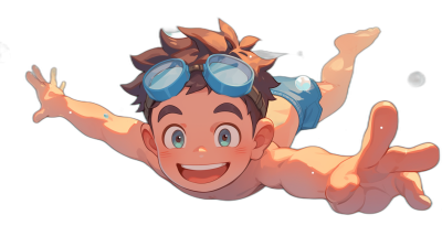 A cute happy cartoon boy with blue swim goggles and brown hair, diving into the pool from above against a black background in the style of anime.