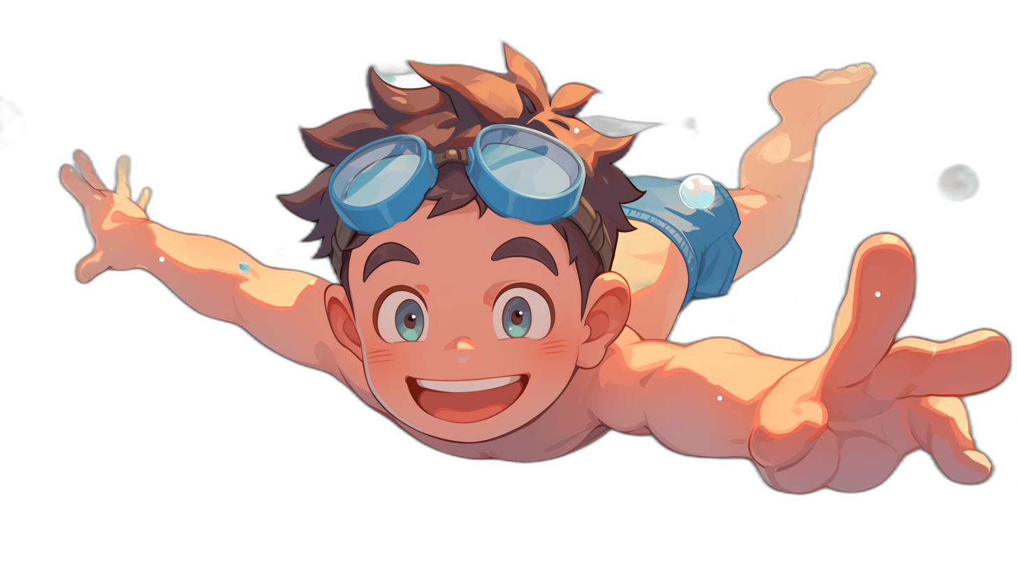 A cute happy cartoon boy with blue swim goggles and brown hair, diving into the pool from above against a black background in the style of anime.