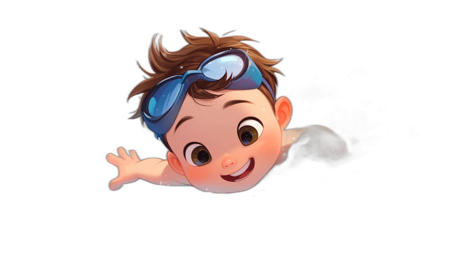 Illustration of a cute baby boy with swimming goggles against a black background. He is smiling while diving in the air in the style of Disney Pixar.