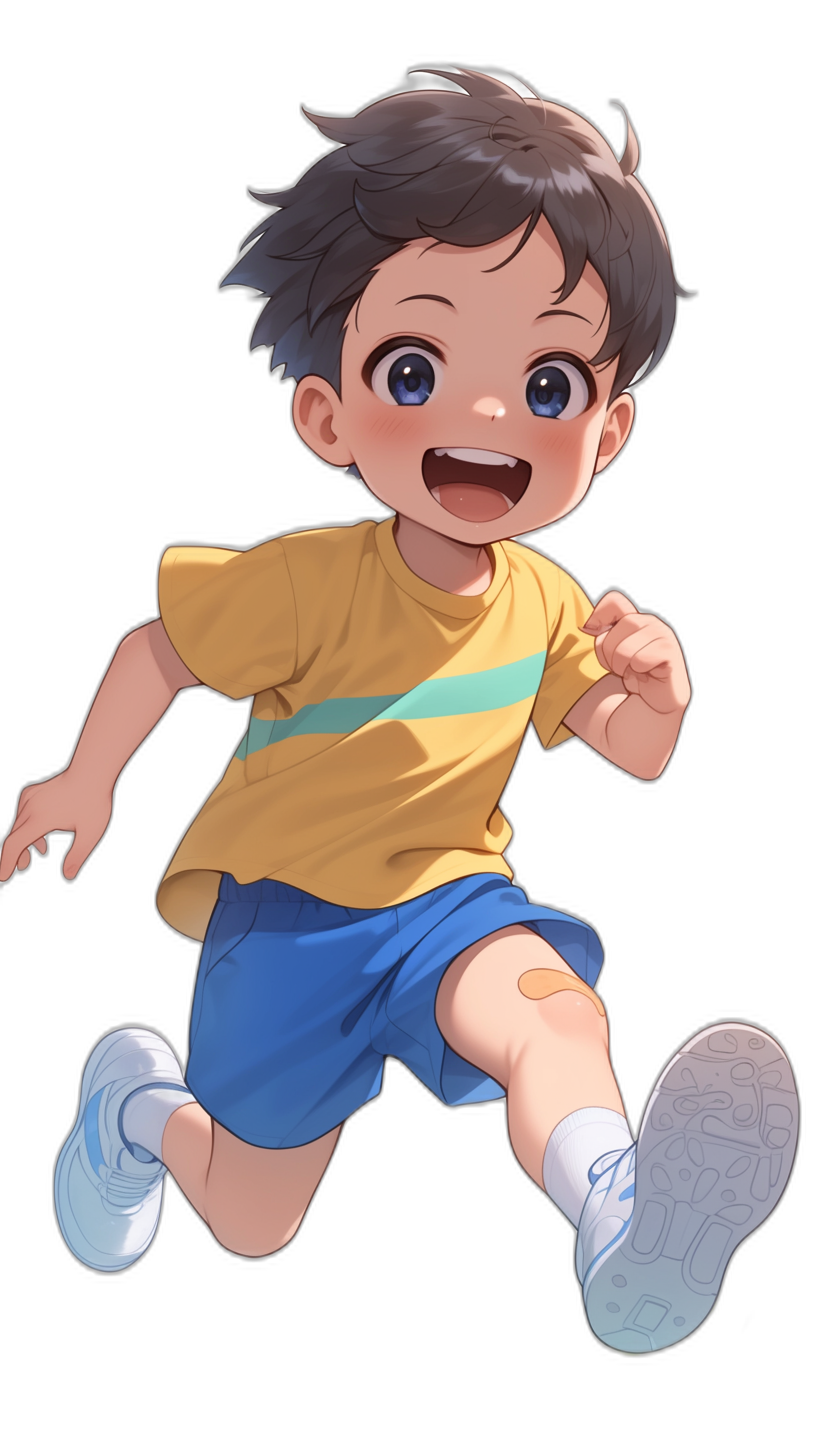 A cute boy with short hair, smiling and running in blue shorts and yellow T-shirt, in the style of anime, black background, high resolution.