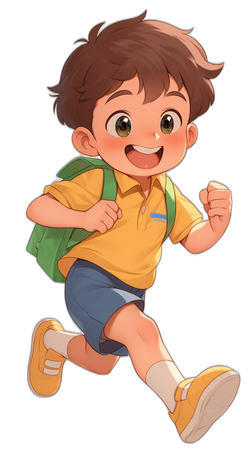 A cute boy with short brown hair, wearing yellow and blue school , smiling happily while running in the air, holding his backpack on a black background, in the style of anime. The character is depicted as colorful, cheerful, lively, adorable, and charming. He has large eyes, a big smile, and hands raised to a midnight purple color. He wears white socks on his feet and sneakers, exuding youthful energy and joy.