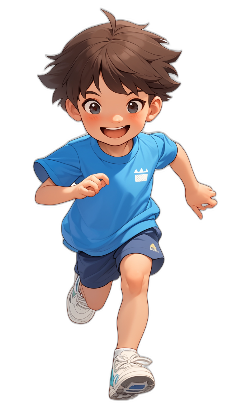 A cute boy with brown hair, wearing blue short-sleeved shirt and white shoes is running forward. He has a face in the style of anime, with big eyes, a smiling expression, a simple background, shown in a full body portrait from the front view against a black solid color background with high-definition details, bright colors, and soft lighting, looking full of vitality.