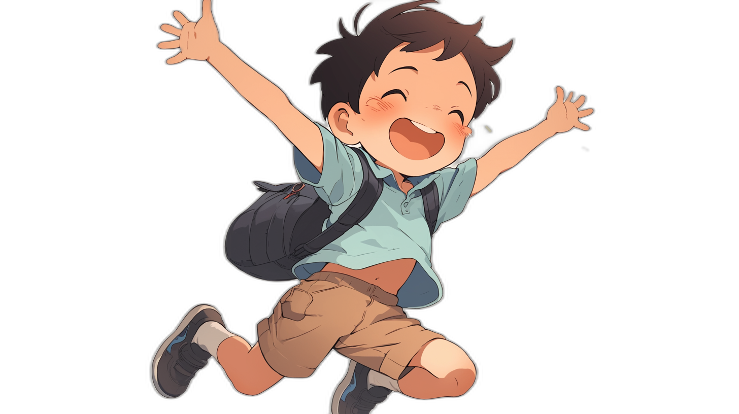 A cute little boy is jumping with his arms raised. He is wearing short sleeves and shorts against a black background. The style is anime with a cute, happy face. He has dark hair and brown eyes. There is an outline of him on the left side. He is wearing a backpack on his back and a blue shirt with tan pants.