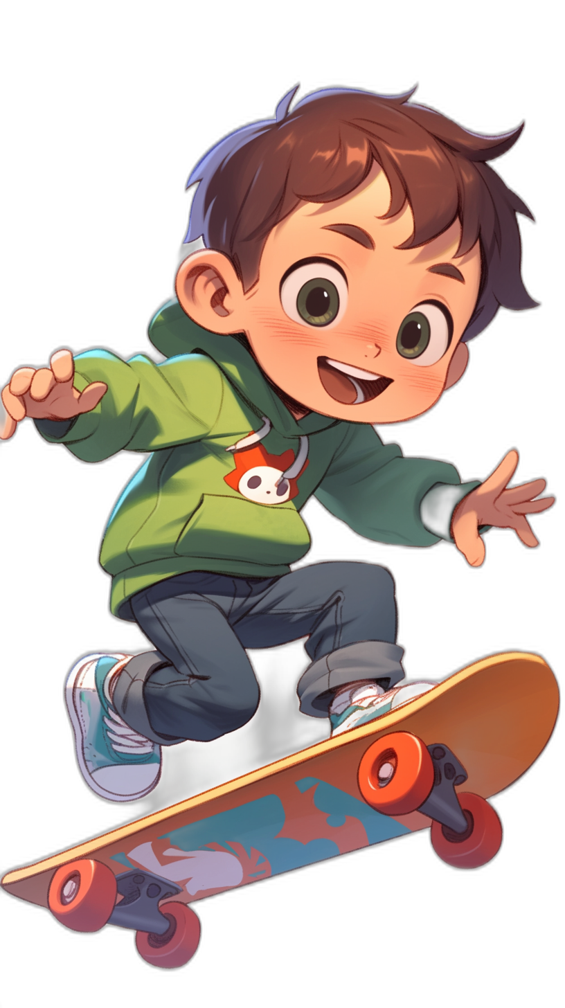 A cute cartoon boy is skateboarding, with short brown hair and big eyes, wearing jeans and a green hoodie, in the Pixar style illustration on a black background at a high resolution. There is no text or letters in the picture and no words on it. The boy’s  do not have any character’s name written on them. The art style is cartoon-like and animated. There are no letters on the boy’s hoodie and he has a cartoon face while skateboarding.