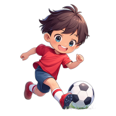 Create an adorable anime-style boy character in red t-shirt and blue shorts, with brown hair and big eyes, kicking the soccer ball on black background for T shirt design