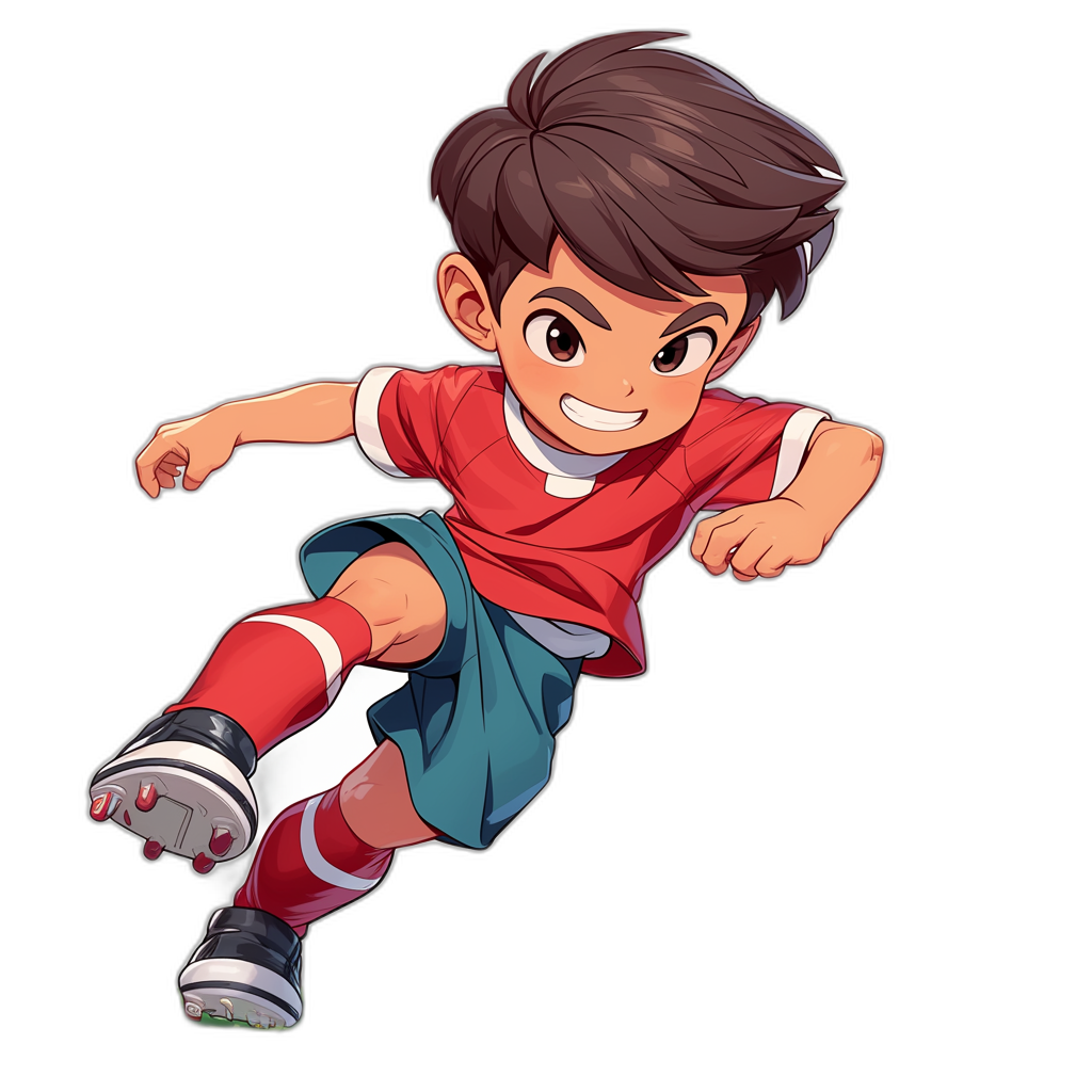 An anime-style cartoon character of a boy with dark brown hair, wearing a red t-shirt and blue shorts, white socks on his feet in soccer shoes kicking at full speed towards the camera. The background is black. Cartoon style. He smiles happily. A full body shot. Vector graphics, with no realistic photo details. The style is in the style of anime.