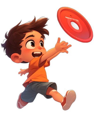 A cute cartoon boy with brown hair and an orange shirt, grey shorts playing frisbee on a black background, in the style of Pixar.