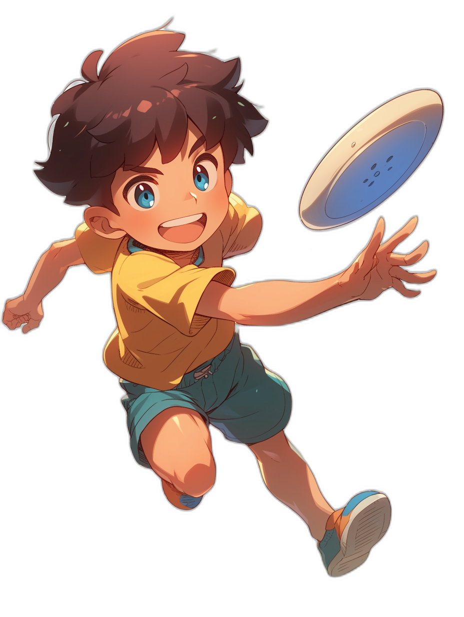 A boy with brown hair, blue eyes and a yellow t-shirt is throwing a frisbee on a black background in the style of anime. The character has short curly hair and is wearing shorts. He’s smiling while playing frisbee with friends. Anime art in the style of [Hayao Miyazaki](https://goo.gl/search?artist%20Hayao%20Miyazaki). [Studio Ghibli](https://goo.gl/search?artist%20Studio%20Ghibli).