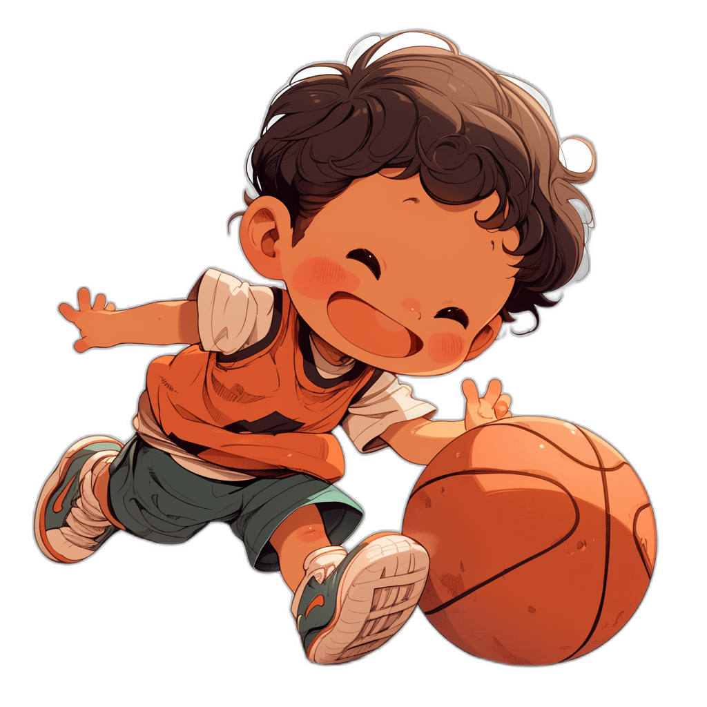 A cute little boy is playing basketball with a happy expression in the style of a cartoon on a black background with colorful and detailed  in bright colors with exaggerated movements and expressions. Anime style cartoon character illustration of a chibi character design in high resolution, high quality, and with high detail as a full body shot.