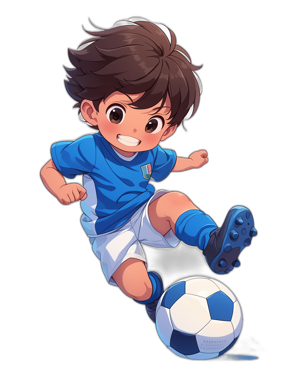 Create an illustration of the anime character, with dark brown hair and eyes in profile playing soccer wearing blue t-shirt white shorts black shoes kicking ball on foot with football. Black background, full body. He is smiling and looks happy. The boy has very short curly hair. Chibi style. Japanese cartoon style. Blue color shirt. High quality, high resolution, high detail. Isolated object on isolated black background. Full figure. In chibbi manga style. Pixar style. Cartoon