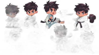 A chibi style dark haired boy in a karate outfit on a sprite sheet against a dark background in the style of cartoon chibbi characters.