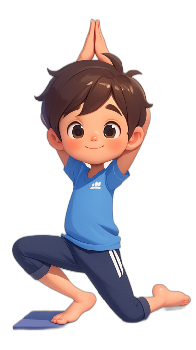 A cute little boy doing yoga, wearing blue sportswear and white shoes on his feet, with short brown hair and big eyes, in the style of a cartoon. Black background, simple lines, bright colors, lively movements.