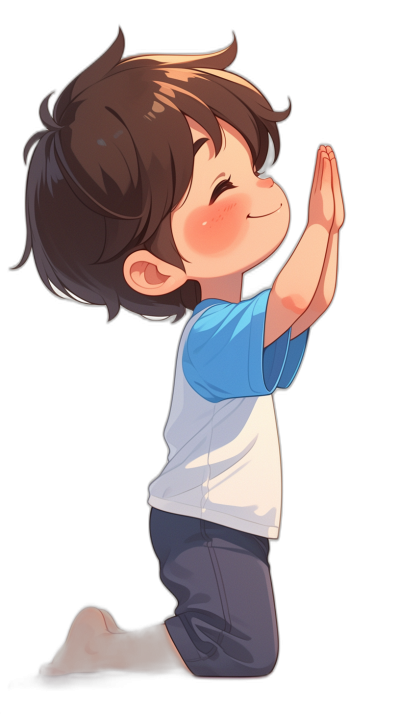 Side view of little boy with dark brown hair, a blue and white shirt on his back, grey pants, hands in the air in a praying pose, cute chibi cartoon style, black background.