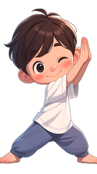 A cute little boy is doing yoga, wearing white short sleeves and blue pants in the style of [Hayao Miyazaki](https://goo.gl/search?artist%20Hayao%20Miyazaki)'s cartoon character design. Black background. He has big eyes and brown hair with bangs on his forehead. The whole body portrait shows an exaggerated expression of happy smile. The boy is dressed in .