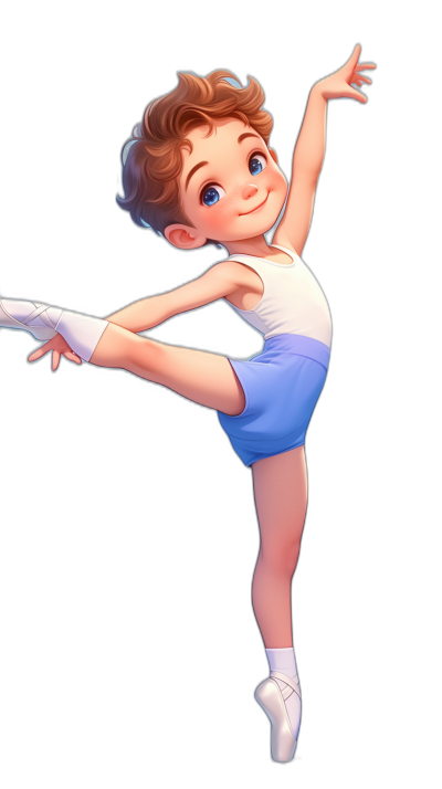 Cute little boy ballet dancer, with short brown hair and blue eyes, wearing a white tank top with light purple shorts and pointe shoes. Pixar style illustration of the dancer on a black background, character design in the style of Disney animation.