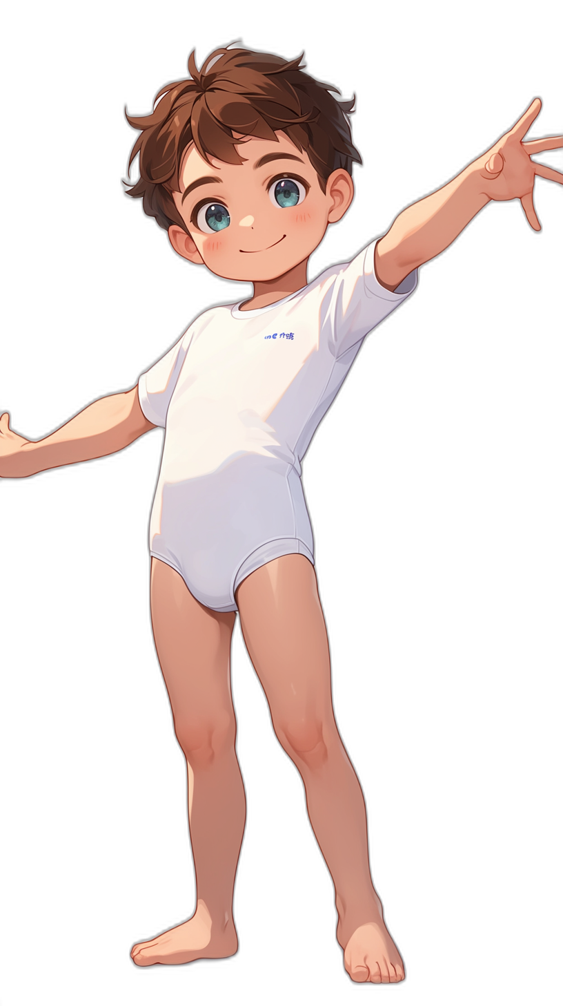 A cute baby boy with brown hair and blue eyes, wearing white short sleeve leotards in the style of [Studio Ghibli](https://goo.gl/search?artist%20Studio%20Ghibli) anime character design, standing on a black background, reaching out to touch something, full body shot, high resolution, high detail, high quality, high definition, high sharpness, high contrast, bright colors, smiling face expression, detailed hands.