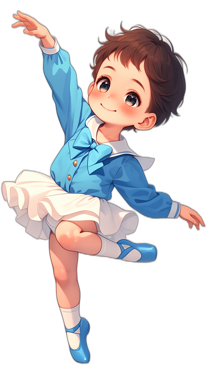 Cute anime boy with short brown hair, wearing a blue and white ballet outfit, twirling in the air, smiling happily against a black background. The illustration is colorful, full of vitality, lively expressions, and charming eyes. In the style of [Richard Avedon](https://goo.gl/search?artist%20Richard%20Avedon), the pixiv contest winner features cute cartoonish designs.