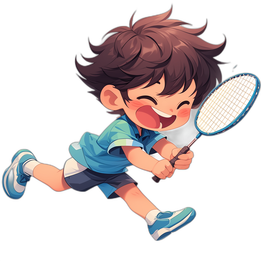 cute boy playing badminton, happy face, chibi style, clipart, black background