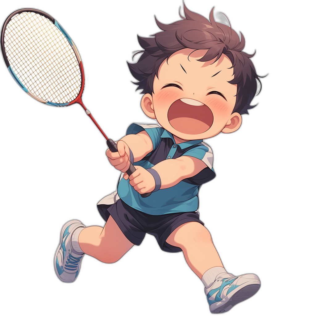 chibi style, badminton player in the style of Victor Chil from Haikyu, happy face and running with racket on black background