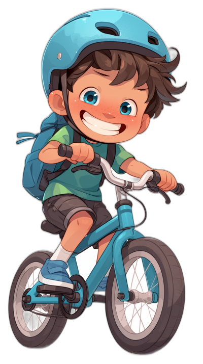 A cute cartoon boy is riding his bike, smiling with blue eyes and short brown hair while wearing a helmet on a black background. Vector illustration in the style of Kana Takeda, from Artstation, showing a full body shot from the front in high resolution.