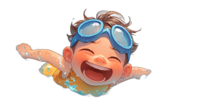 A cute baby boy with swimming goggles smiling and floating in the air, black background, concept art in the style of Pixar, cgsociety, character design, cartoon, in the style of Pixar style