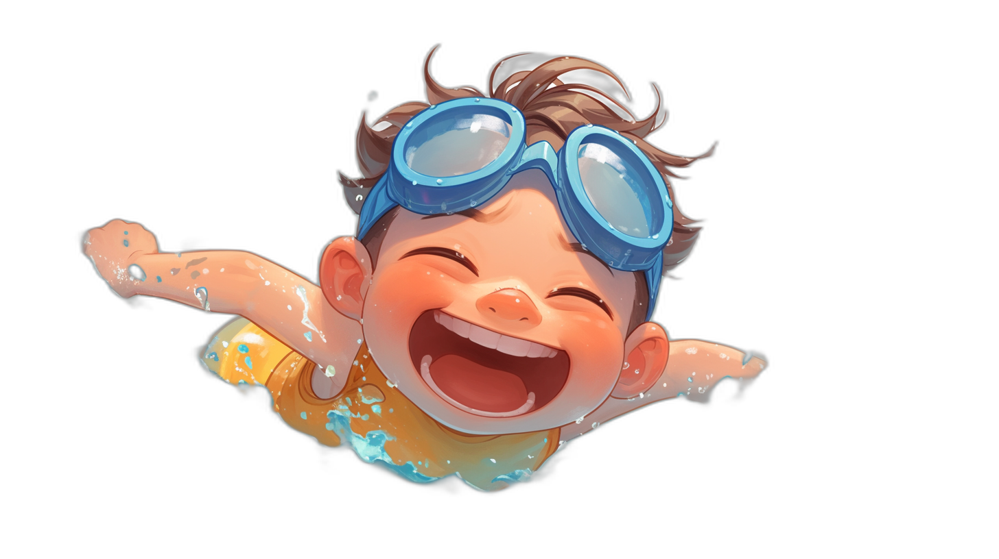 A cute baby boy with swimming goggles smiling and floating in the air, black background, concept art in the style of Pixar, cgsociety, character design, cartoon, in the style of Pixar style