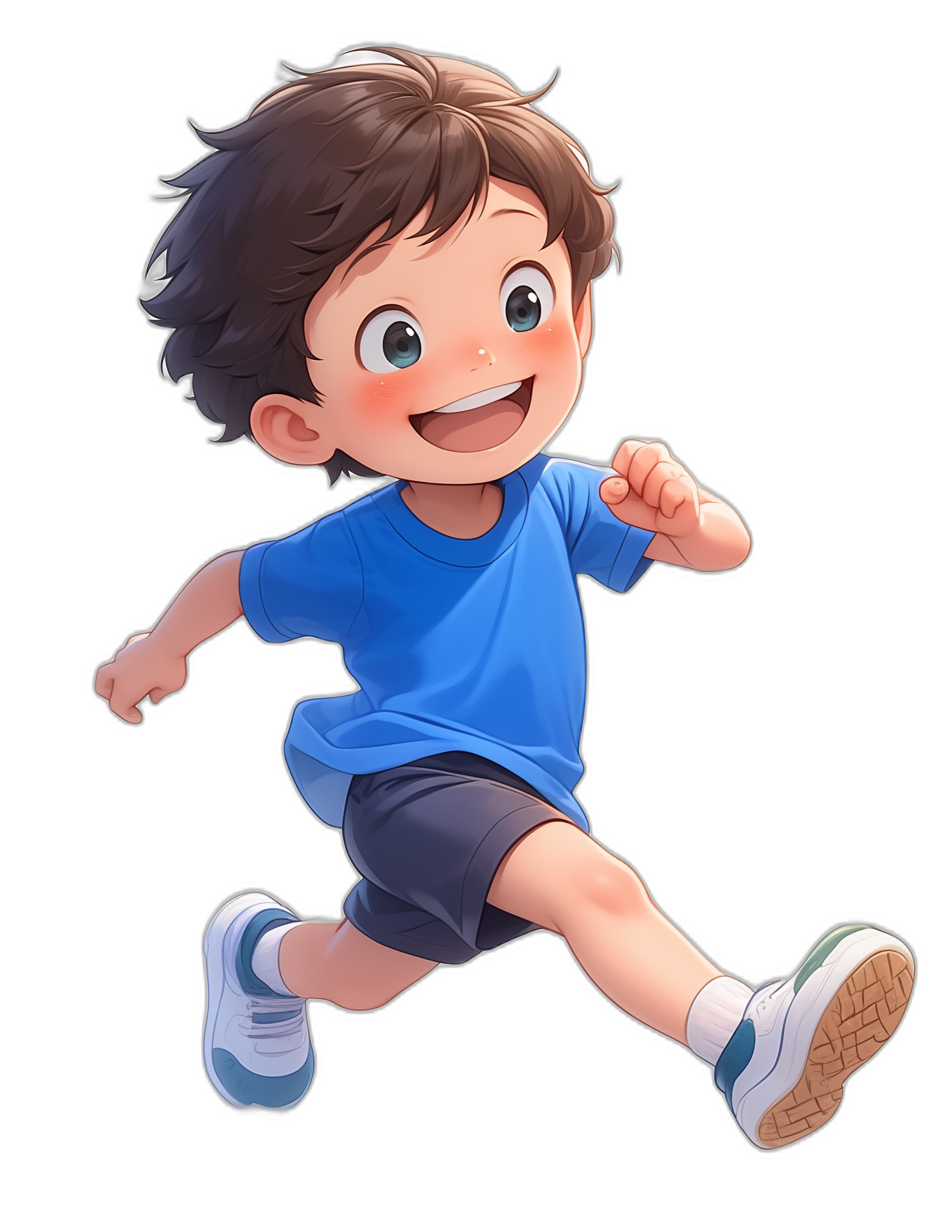 A cute little boy, wearing blue short sleeves and black shorts with white shoes on his feet, is running happily towards the camera, smiling very happily. He has brown hair and big eyes, with a full body portrait against a simple background. The image has high definition details in a cartoon style and 2D game art style, with a black background, and in the style of Japanese anime.