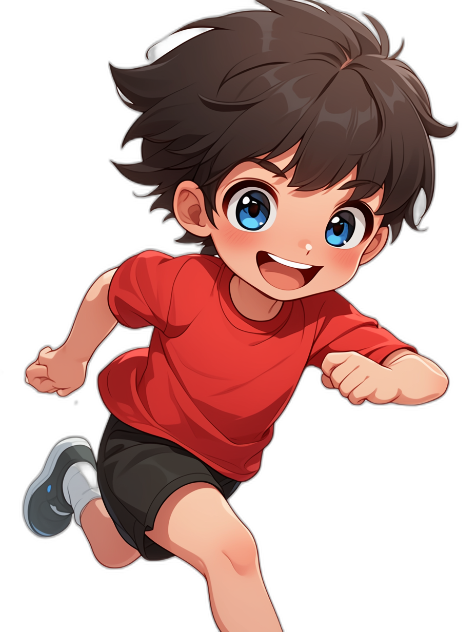 A young boy with dark brown hair and blue eyes, smiling while running in a red t-shirt, black shorts and grey shoes, in the style of chibi anime, on a black background.