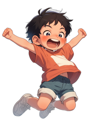 Cute boy jumping with a happy expression against a simple background. He has black hair and is wearing shorts and an orange T-shirt with white stripes on the sleeves. It is a full body portrait in the style of anime with a Japanese manga influence. The black background provides high resolution and high quality with a 2D effect. Bright colors are used, showing the smiling face with hands raised in celebration. The simple  design includes shorts and a T-shirt.