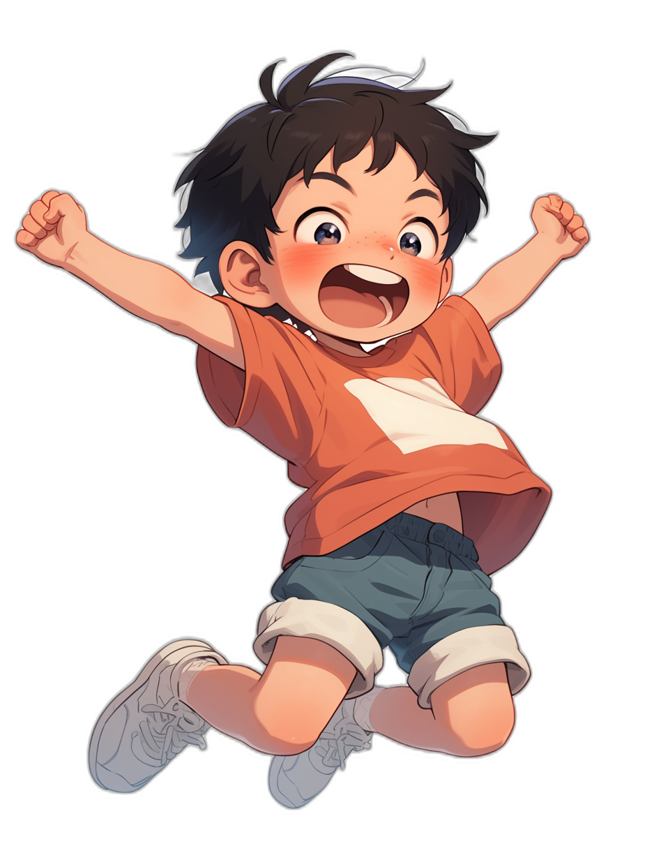 Cute boy jumping with a happy expression against a simple background. He has black hair and is wearing shorts and an orange T-shirt with white stripes on the sleeves. It is a full body portrait in the style of anime with a Japanese manga influence. The black background provides high resolution and high quality with a 2D effect. Bright colors are used, showing the smiling face with hands raised in celebration. The simple  design includes shorts and a T-shirt.