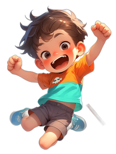 A cute little boy jumping with joy, wearing an orange t-shirt and blue shorts. The character has a detailed design in the style of anime with a black background. It is a chibi cartoon style in high resolution digital art with colorful, vibrant colors. The boy has a playful expression with detailed facial features under bright lighting with high contrast, conveying a joyful mood.