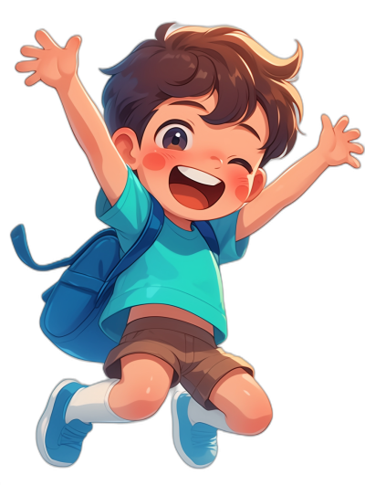 A cute little boy with brown hair, wearing blue shoes and shorts, is jumping up happily in the air, carrying schoolbags on his back, smiling brightly. The illustration style should be flat vector anime cartoon, with black background, colorful, high resolution, and high detail. He has big eyes and short eyelashes, exuding an adorable atmosphere. A masterpiece of a character design. It's a full body portrait.