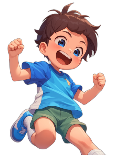 A cute boy with brown hair, blue eyes and short  in the style of anime characters is jumping for joy on a black background. He has white socks around his feet and wears green shorts. The character should have bright colors and exude an energetic vibe, depicted as if he is about to start playing sports or running. His expression radiates happiness and excitement.