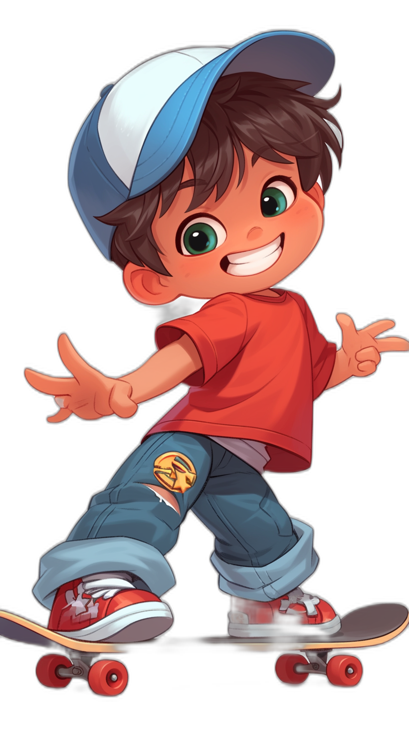 Cute cartoon boy with brown hair, blue and white cap on his head, a red t-shirt, jeans pants, orange shoes, green eyes, riding a skateboard, black background, in the style of Disney cartoon drawing.