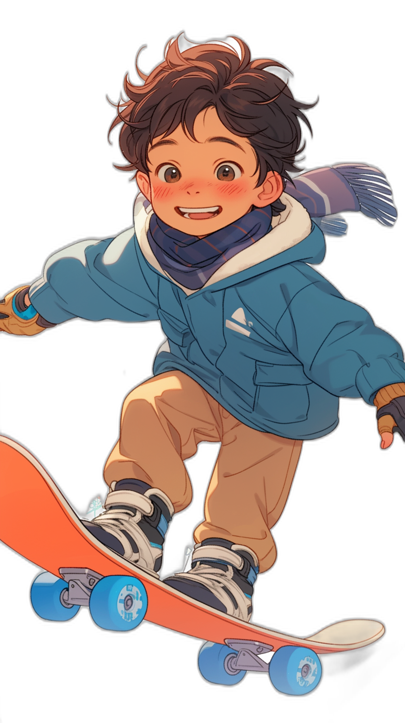 A cute little boy is skateboarding, with brown hair and wearing blue , on a black background, with an anime style character design. He has short curly hair, bright eyes, a smile, long eyelashes, a high nose bridge, a scarf around his neck, beige pants and sneakers on his feet, a red skateboard under his feet, cool movements, and colorful details in his .