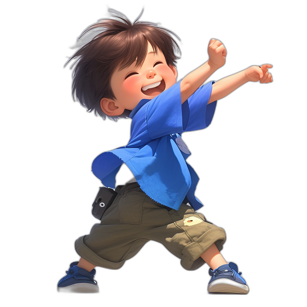 A cute boy, smiling and dancing happily with his right hand raised in the air, wearing blue short sleeves and khaki shorts, in the style of Pixar, black background, cartoon character design, 3D rendering, high definition, full body portrait, head up view, front light source, high saturation. High resolution, in the style of Pixar, in the style of Disney, in .