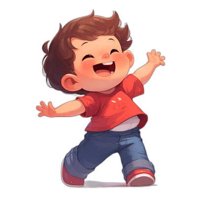 A cute little boy, laughing happily with his hands raised in the air, wearing red short sleeves and blue jeans on a black background, in the cartoon style, high definition, 2D game art, in the style of Disney Pixar, simple lines, bold color scheme, simple design, simple details, in the chibi character design style, flat illustration, full body portrait, happy expression, high resolution, high detail